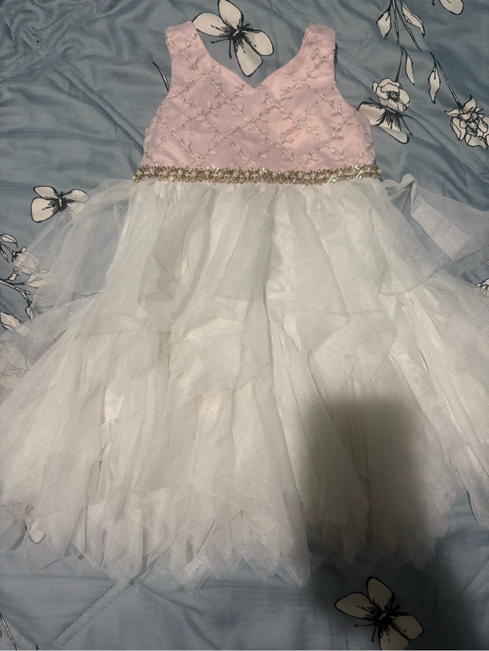 Sparkle Waist Pink and White Tulle Formal Dress for Girls